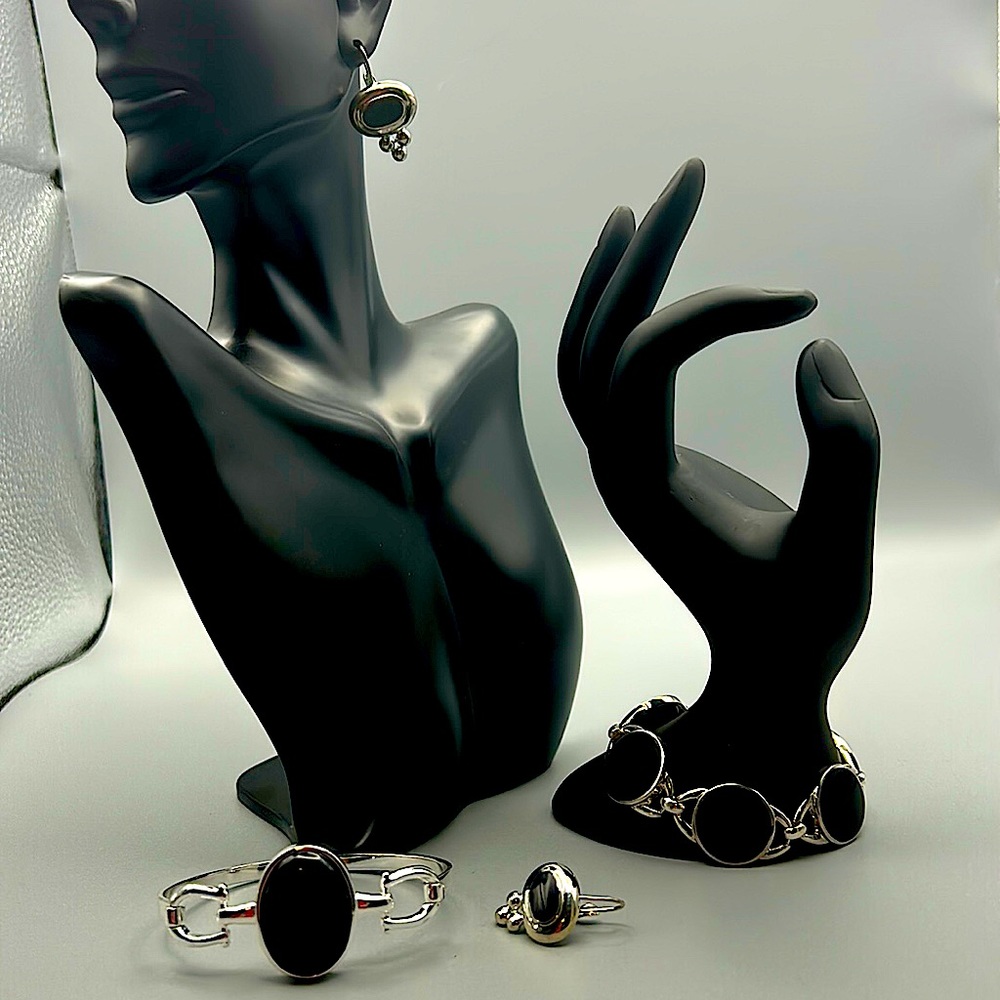 Vintage Silver and onyx bracelets and pierced earrings made in Thailand